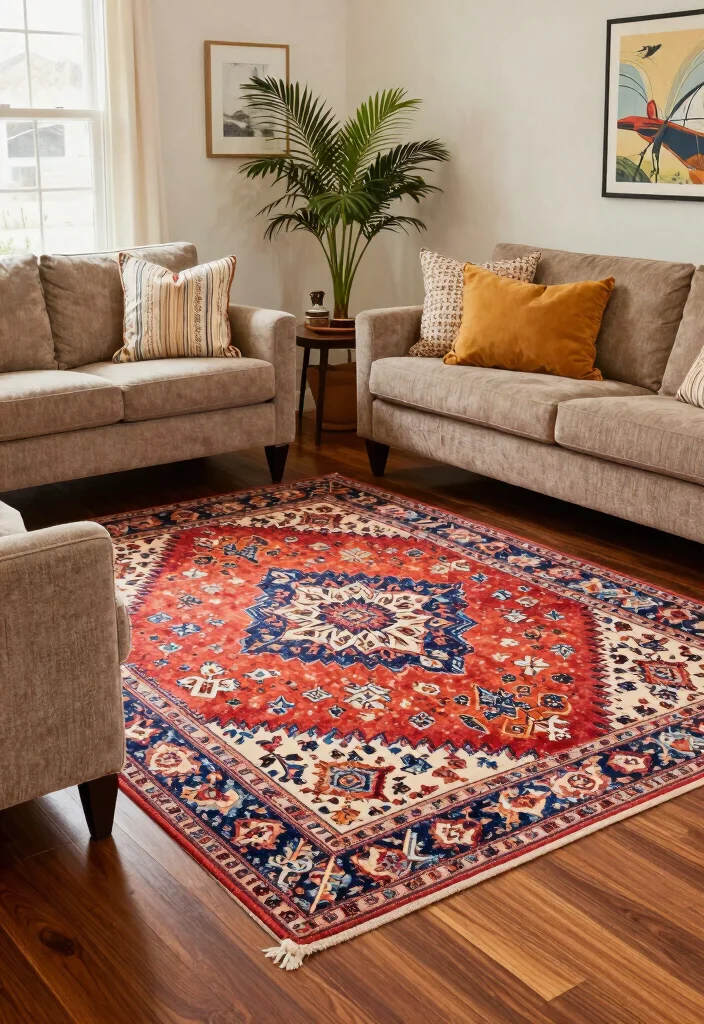 16 Texas Living Room Ideas: Warm Rustic Modern Mix - 7. Statement Rugs Define Spaces 1