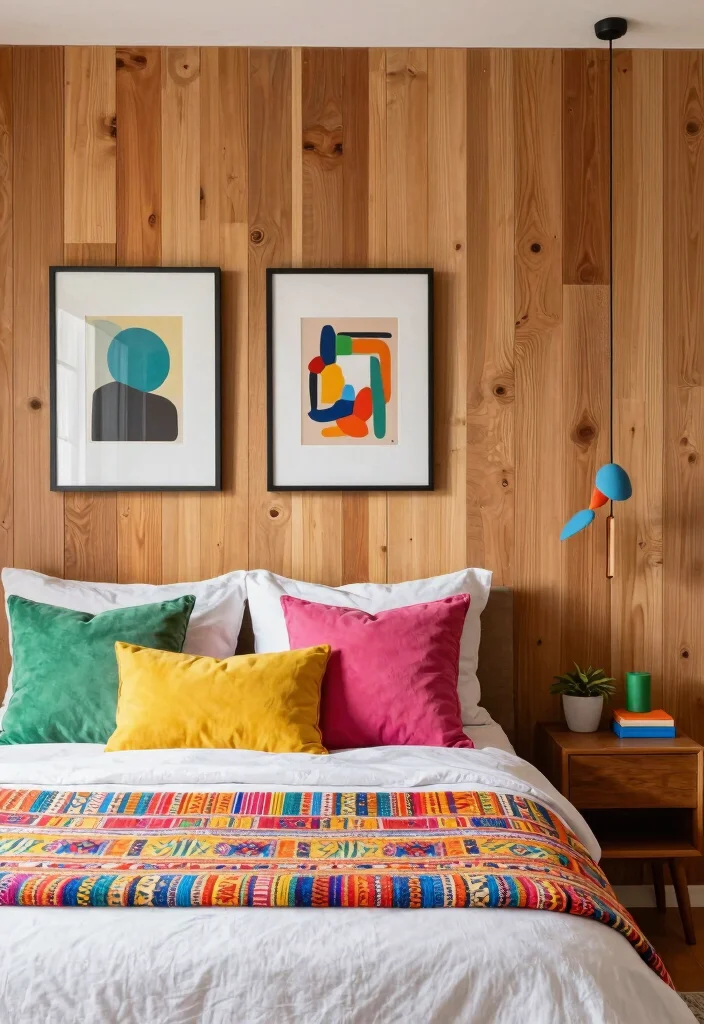 17 Bedroom With Wood Paneling Wall Ideas for a Warm Textured Look - 12. Wood Paneling with Colorful Accents 1