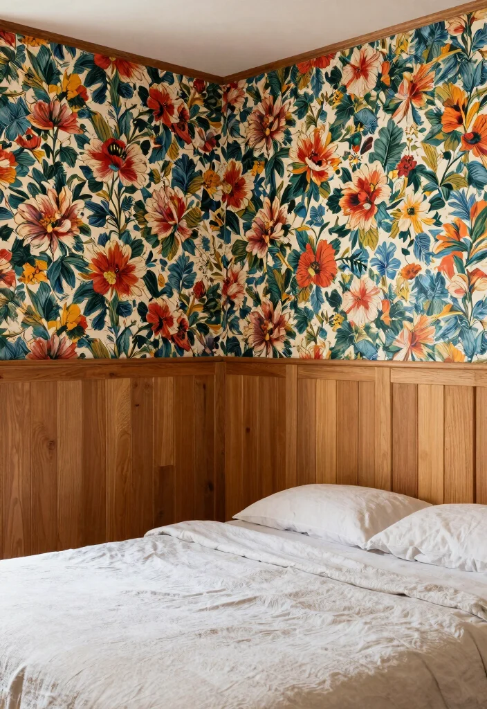 17 Bedroom With Wood Paneling Wall Ideas for a Warm Textured Look - 13. Paneling with Wallpaper 1