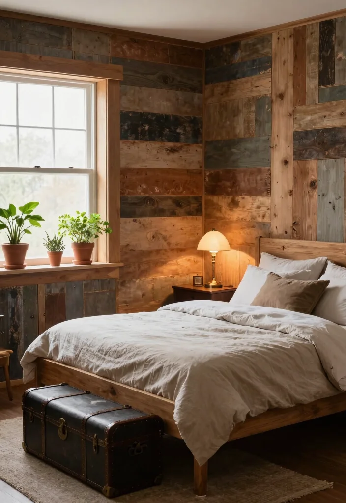 17 Bedroom With Wood Paneling Wall Ideas for a Warm Textured Look - 3. Rustic Reclaimed Wood Panels 1