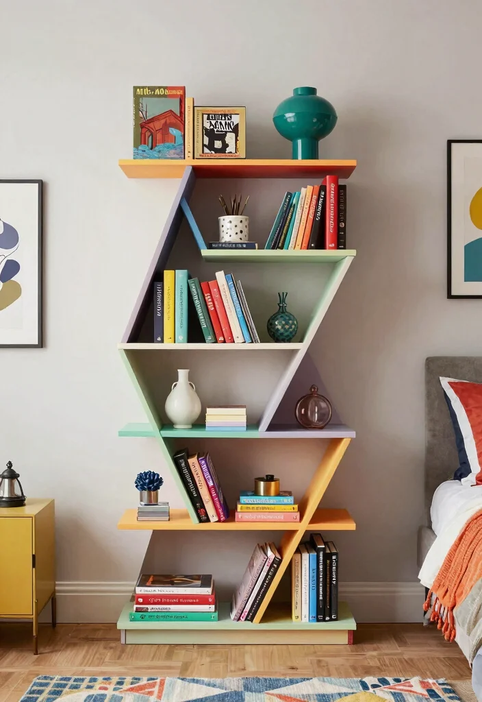 17 Bookshelves Ideas for Bedroom Organized Stylish Storage - 16. Geometric Bookshelves for Artistic Touch 1