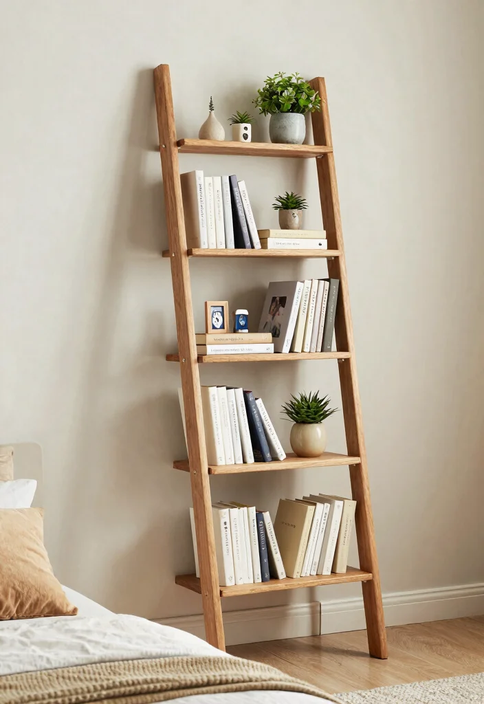 17 Bookshelves Ideas for Bedroom Organized Stylish Storage - 2. Ladder Bookshelf for Vertical Storage 1