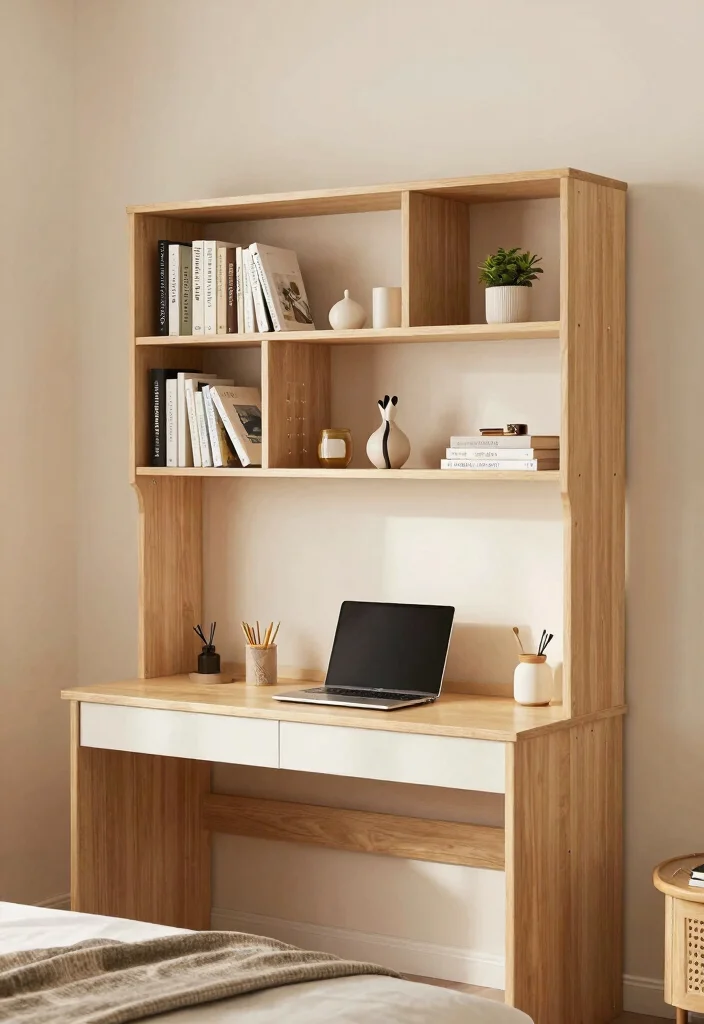 17 Bookshelves Ideas for Bedroom Organized Stylish Storage - 4. Multi-functional Bookshelf Desk 1