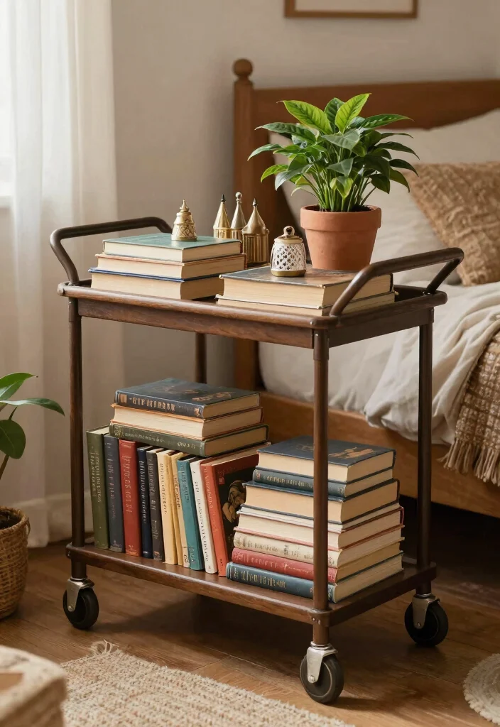 17 Bookshelves Ideas for Bedroom Organized Stylish Storage - 9. Vintage Book Cart for Unique Flair 1