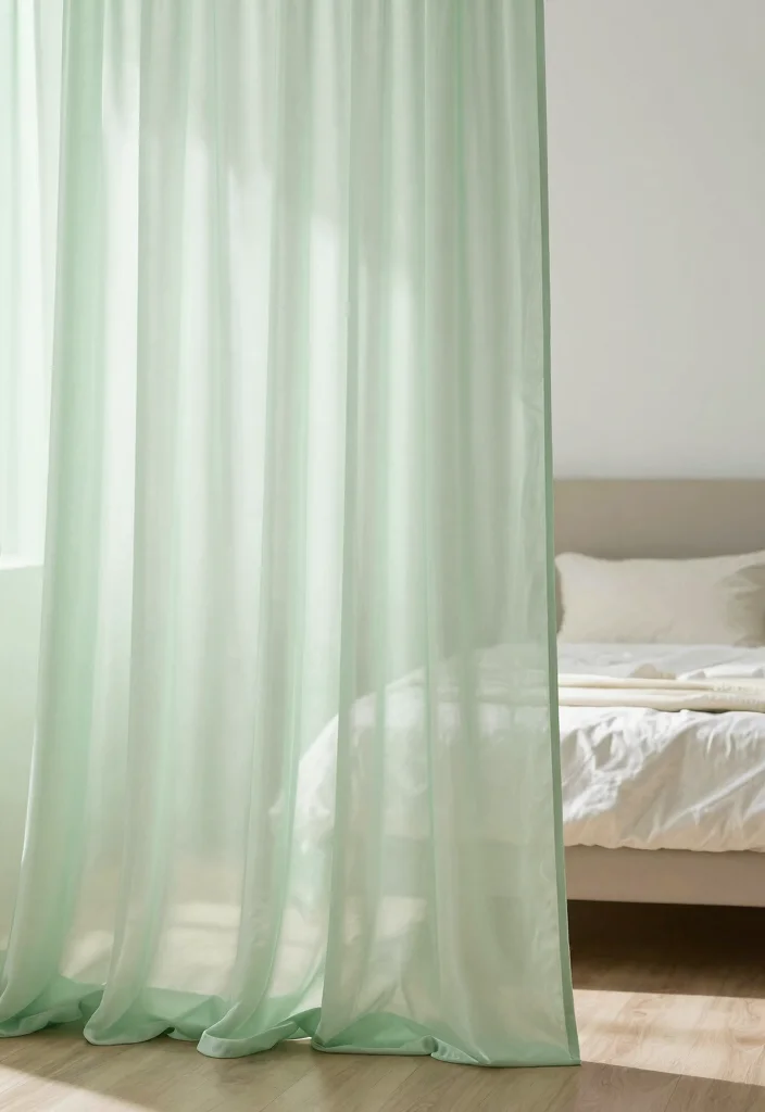 17 Light Green Bedroom Aesthetic Ideas Fresh Calm Vibes - 10. Light Green Curtains for Soft Light 1