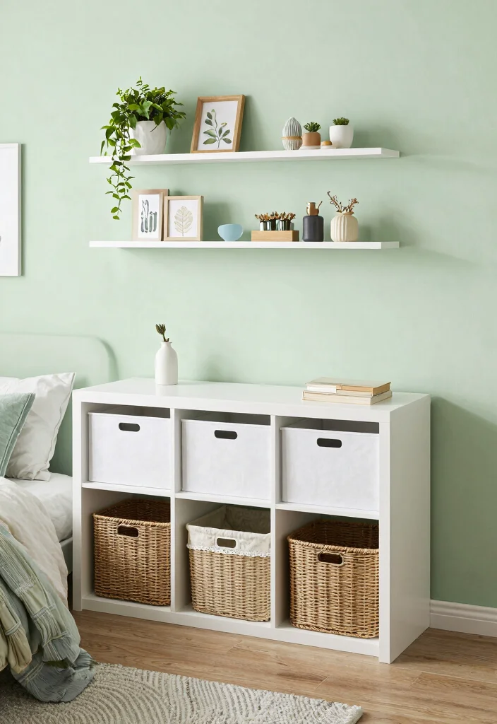 17 Light Green Bedroom Aesthetic Ideas Fresh Calm Vibes - 12. Smart Storage Solutions 1