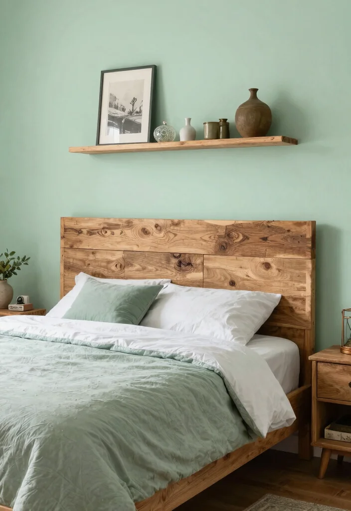 17 Light Green Bedroom Aesthetic Ideas Fresh Calm Vibes - 16. Incorporating Repurposed Materials 1