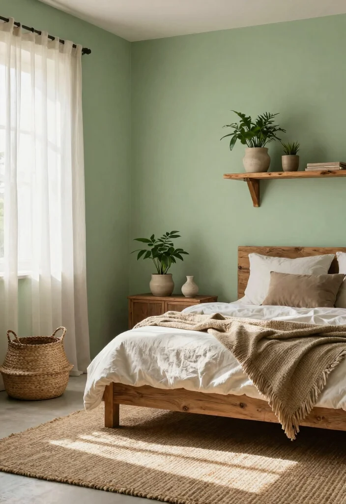 17 Light Green Bedroom Aesthetic Ideas Fresh Calm Vibes - 2. Earthy Accents with Light Green 1