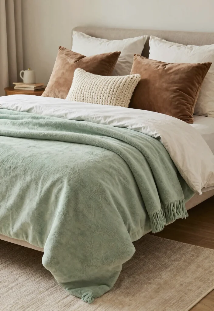 17 Light Green Bedroom Aesthetic Ideas Fresh Calm Vibes - 4. Cozy Textile Combinations 1