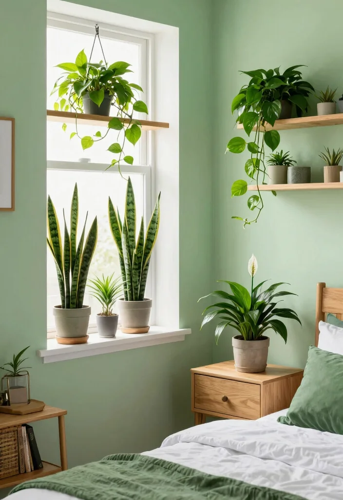 17 Light Green Bedroom Aesthetic Ideas Fresh Calm Vibes - 6. Incorporating Indoor Plants 1