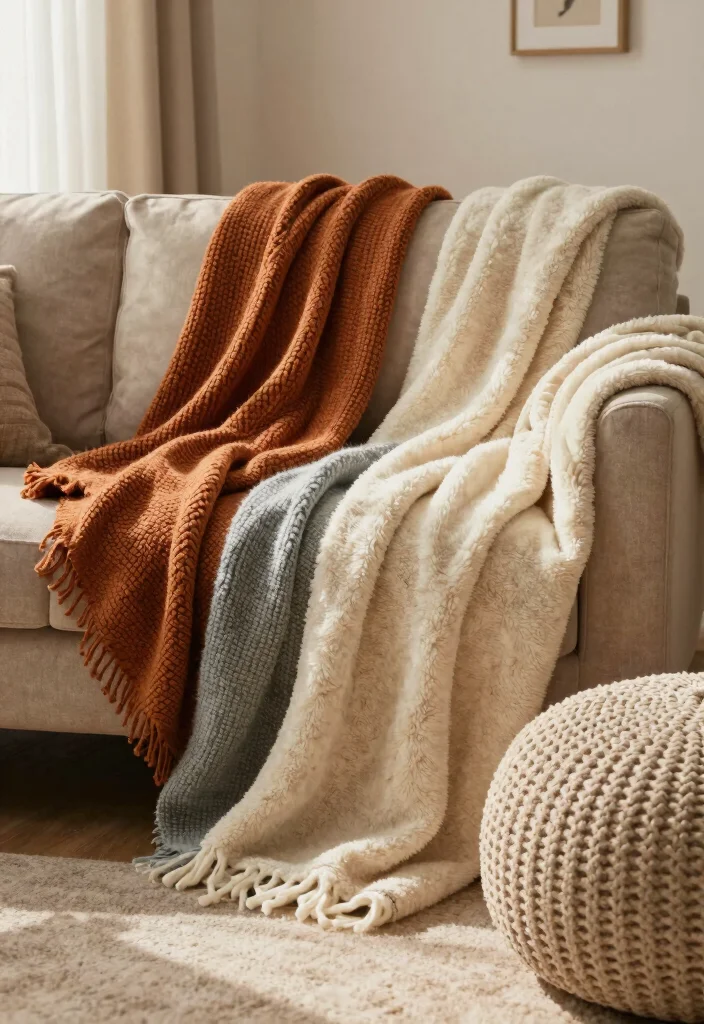 17 Living Room Cozy Ideas for Warm Relaxing Vibes - 7. Layering with Throws 1