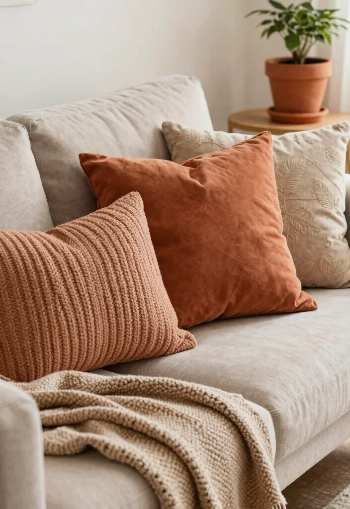 17 Living Room Terracotta Ideas: Earthy Warm Tones - 1. Cozy Terracotta Throw Pillows 1