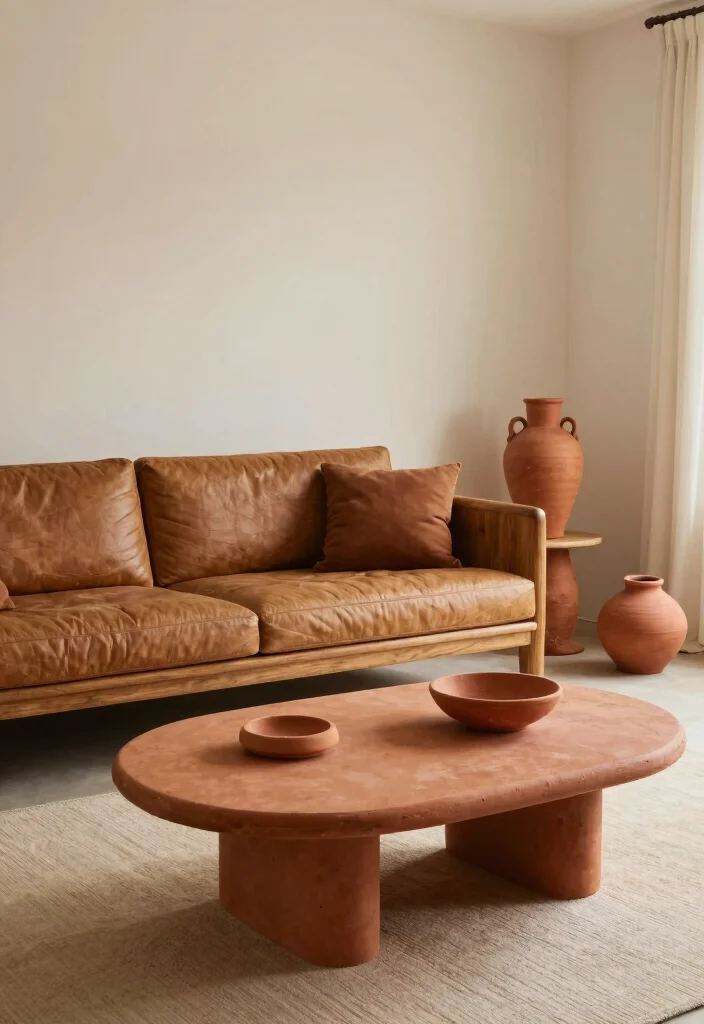 17 Living Room Terracotta Ideas: Earthy Warm Tones - 10. Terracotta and Wood Furniture 1
