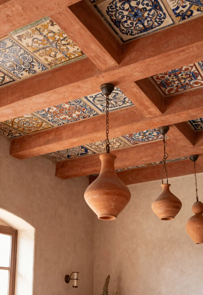 17 Living Room Terracotta Ideas: Earthy Warm Tones - 14. Terracotta Ceiling Decor 1