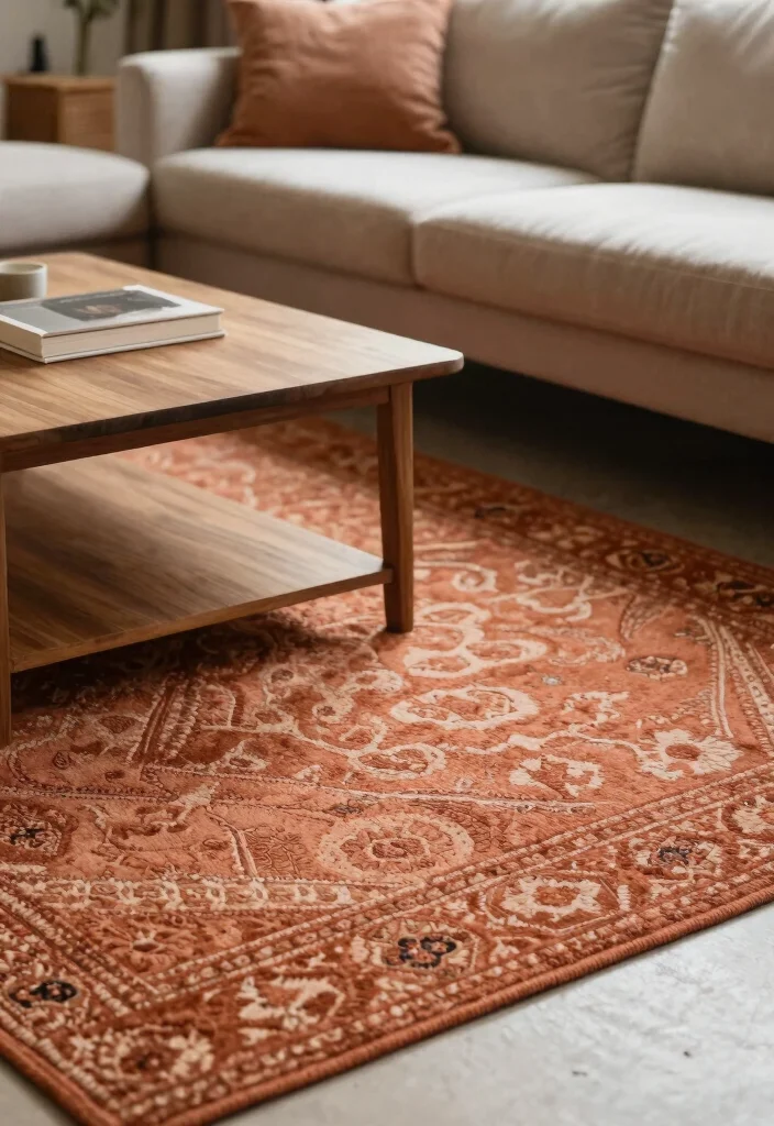 17 Living Room Terracotta Ideas: Earthy Warm Tones - 16. Terracotta Rugs 1