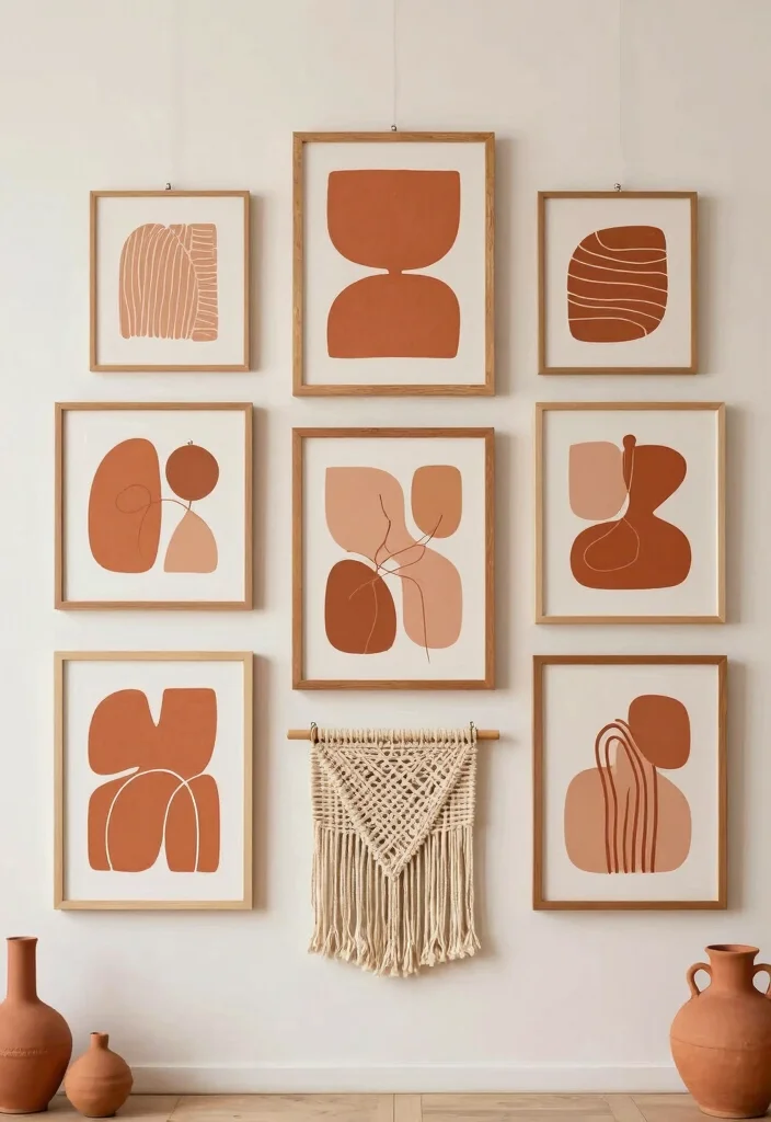 17 Living Room Terracotta Ideas: Earthy Warm Tones - 2. Terracotta Accented Wall Art 1