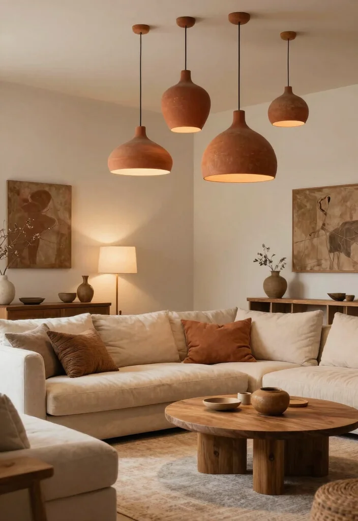 17 Living Room Terracotta Ideas: Earthy Warm Tones - 7. Terracotta Lighting Fixtures 1