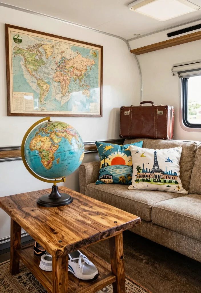 17 RV Living Room Ideas for Compact Comfortable Design - 16. Travel-Inspired Accents 1