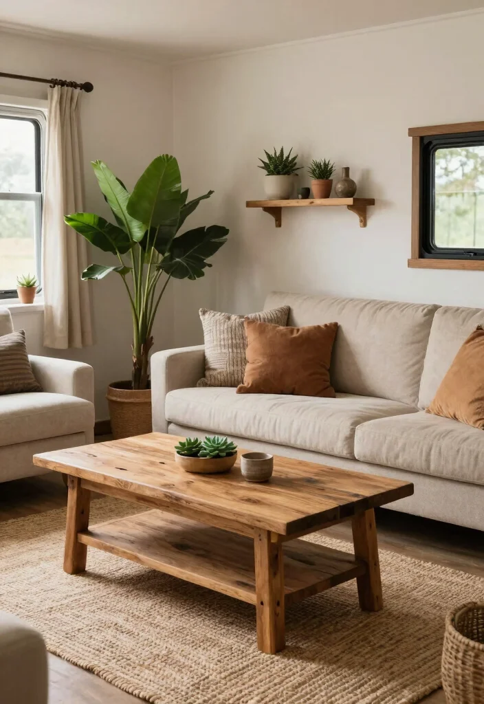 17 RV Living Room Ideas for Compact Comfortable Design - 3. Earthy Textures and Natural Materials 1