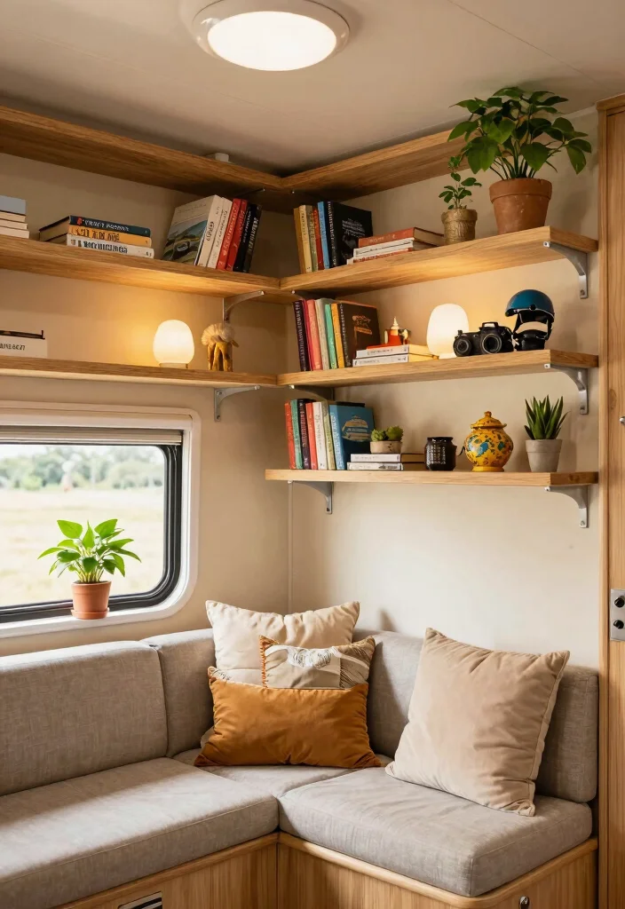 17 RV Living Room Ideas for Compact Comfortable Design - 5. Open Shelving for Decor and Storage 1