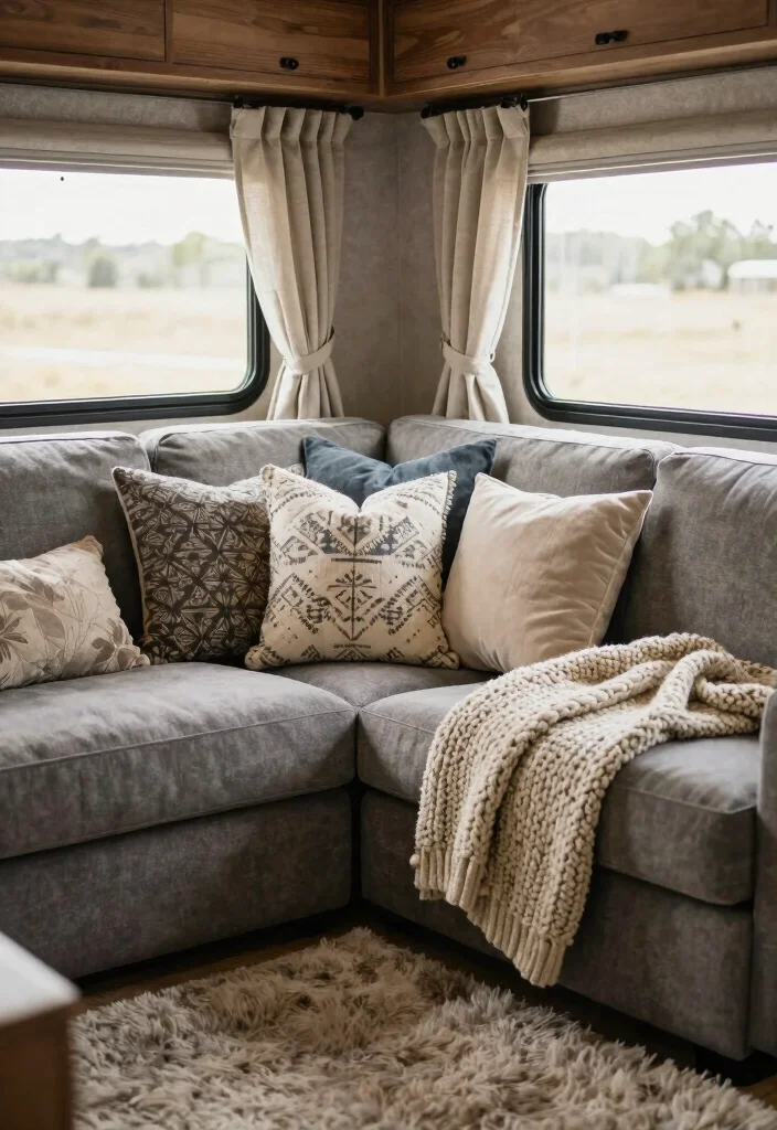 17 RV Living Room Ideas for Compact Comfortable Design - 6. Soft Fabrics and Cozy Textiles 1
