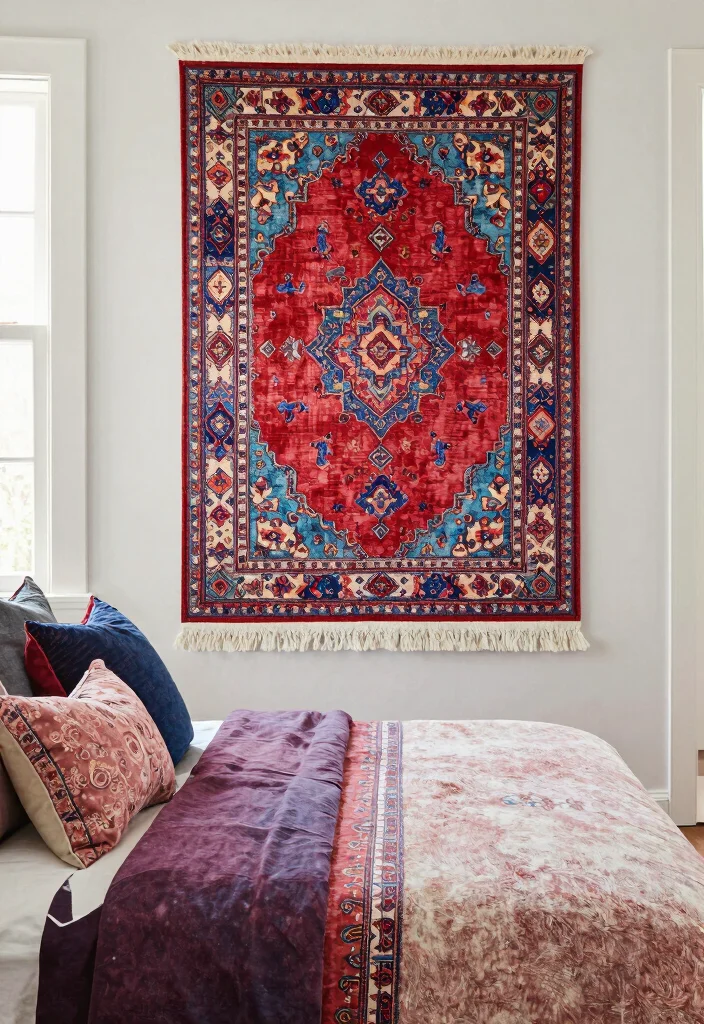 18 Bedroom Wall Decor Aesthetic Ideas for Trendy Cozy Styling - 13. Colorful Rugs as Wall Art 1