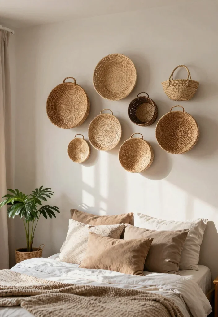 18 Bedroom Wall Decor Aesthetic Ideas for Trendy Cozy Styling - 3. Woven Baskets as Wall Decor 1