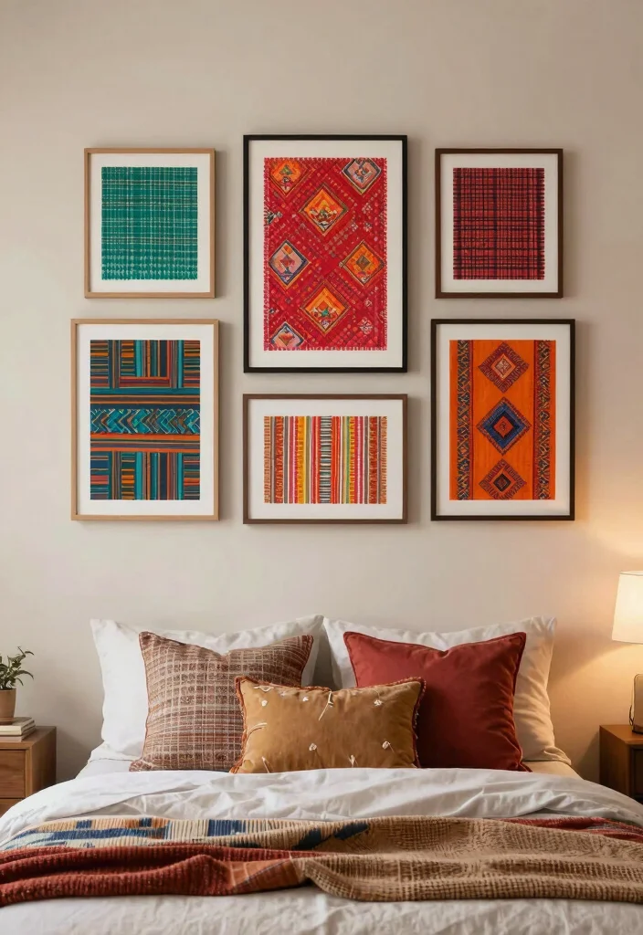 18 Bedroom Wall Decor Aesthetic Ideas for Trendy Cozy Styling - 7. Framed Fabric or Textiles 1