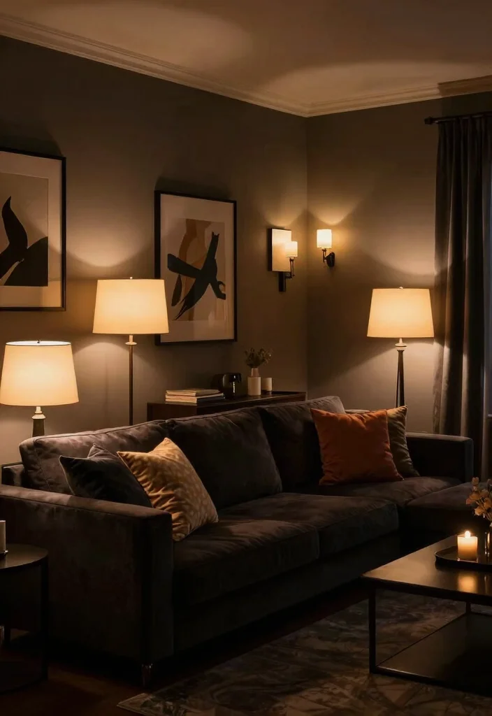 18 Dark Living Room Ideas: Moody, Elegant, and Stylish - 13. Layered Lighting Solutions 1