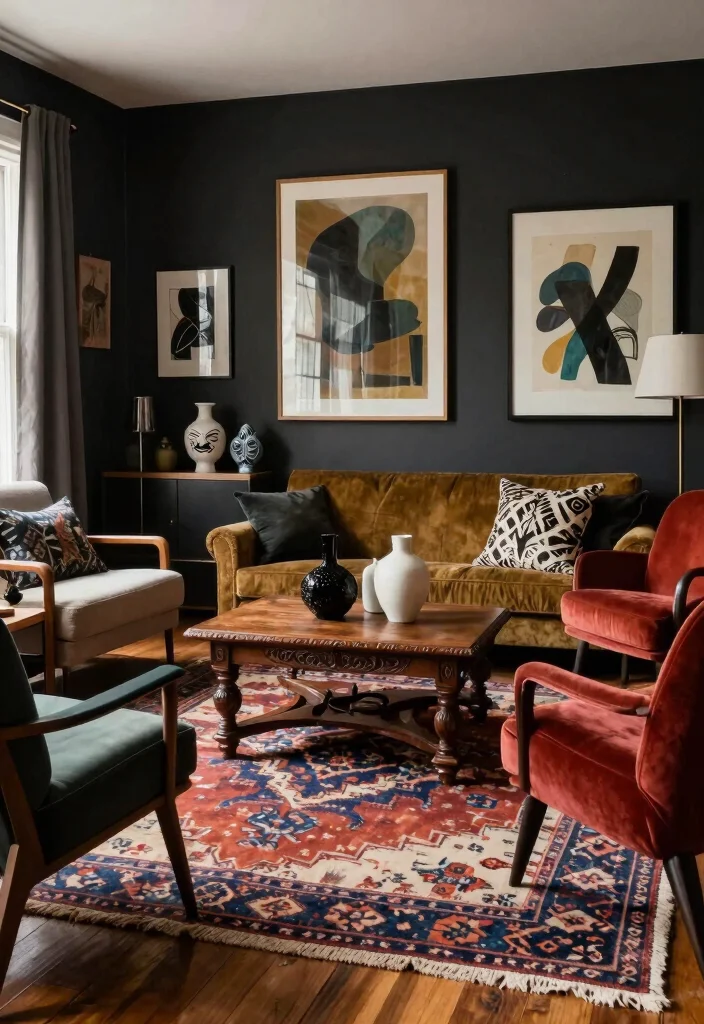 18 Dark Living Room Ideas: Moody, Elegant, and Stylish - 15. Eclectic Dark Decor 1