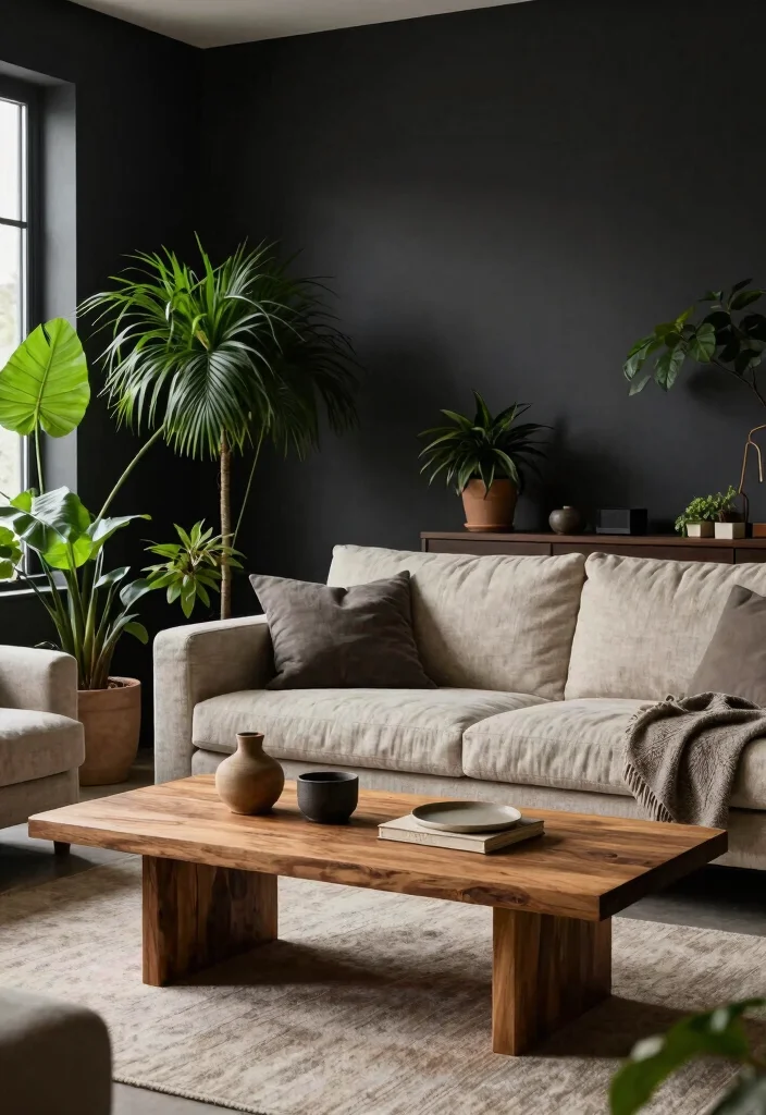 18 Dark Living Room Ideas: Moody, Elegant, and Stylish - 17. Natural Elements in Dark Spaces 1