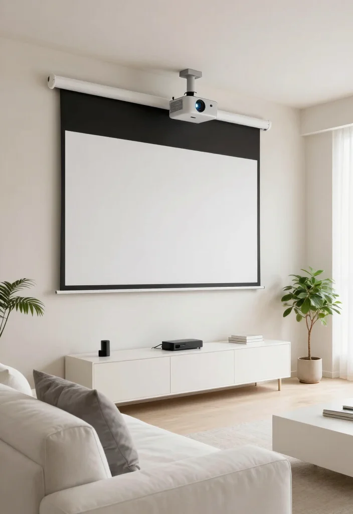 18 Living Room With Projector Ideas for Cozy Movie Nights - 1. Minimalist Projection Setup 1