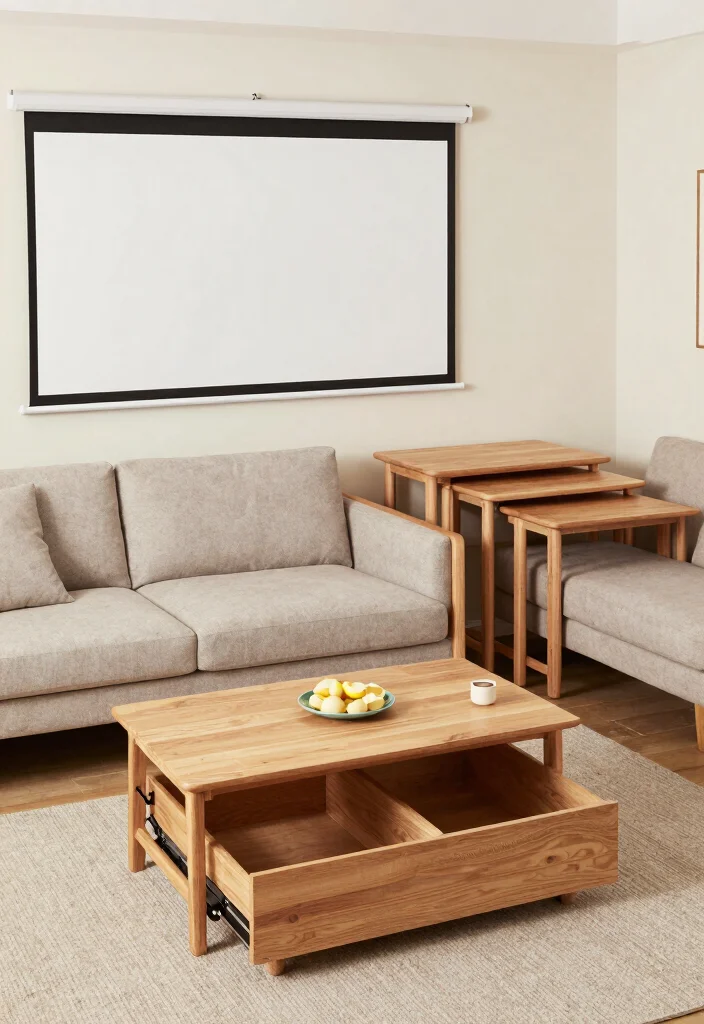 18 Living Room With Projector Ideas for Cozy Movie Nights - 11. Multi-Purpose Furniture 1