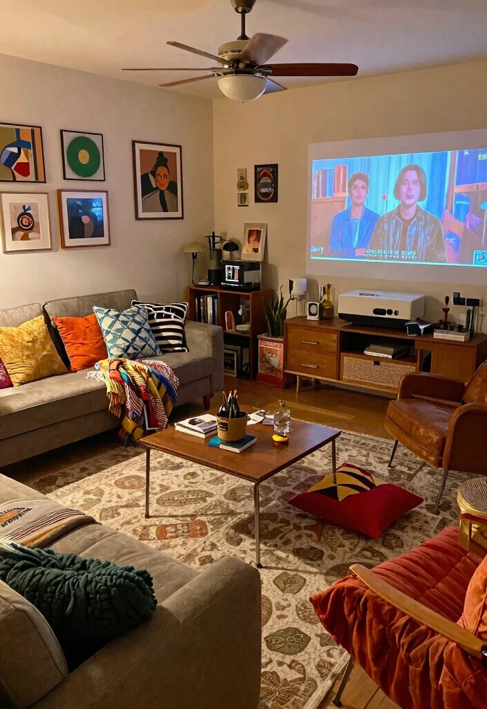 18 Living Room With Projector Ideas for Cozy Movie Nights - 12. Eclectic Style 1