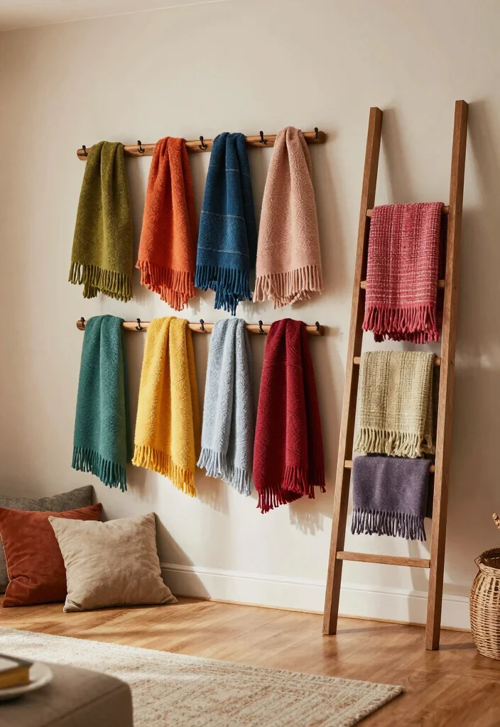 18 Living Room With Projector Ideas for Cozy Movie Nights - 13. Cozy Blanket Wall 1