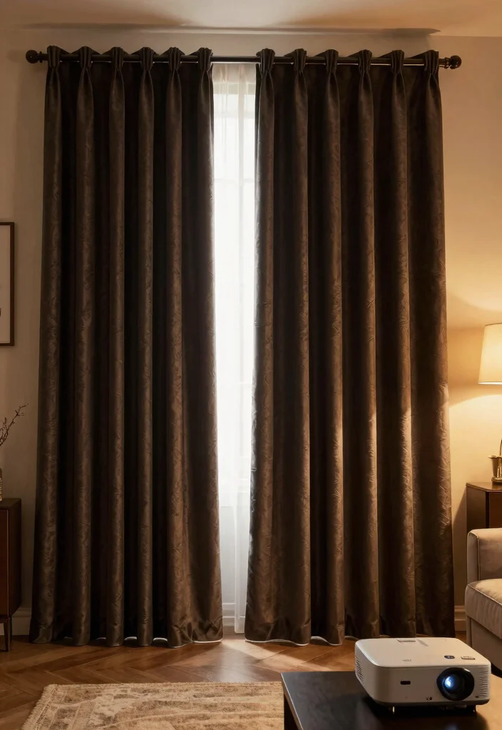 18 Living Room With Projector Ideas for Cozy Movie Nights - 17. Elegant Drapes for Atmosphere 1