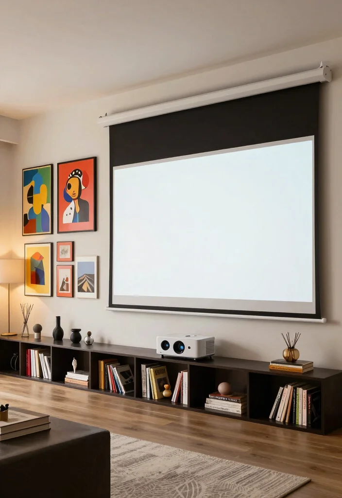 18 Living Room With Projector Ideas for Cozy Movie Nights - 3. Dual-Function Wall Design 1