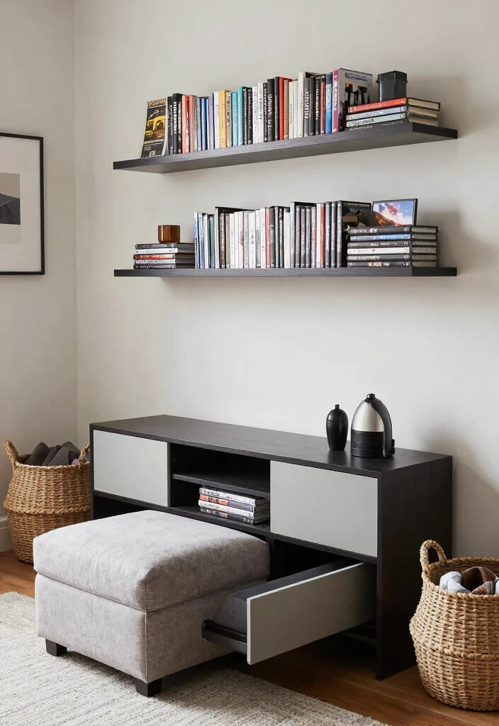 18 Living Room With Projector Ideas for Cozy Movie Nights - 7. Creative Storage Solutions 1
