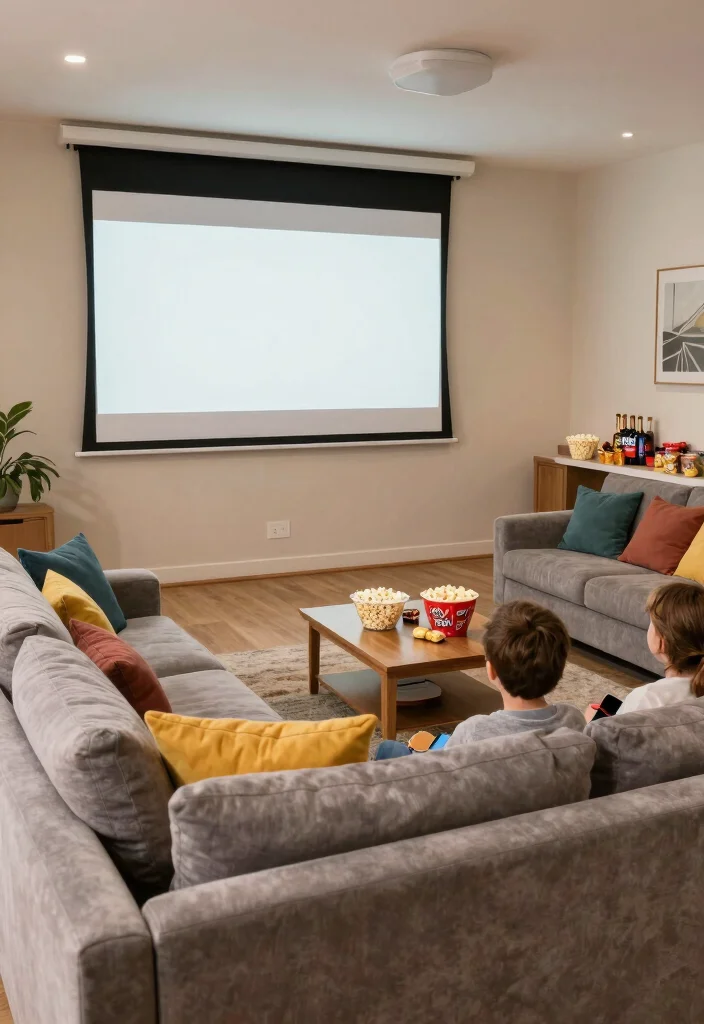 18 Living Room With Projector Ideas for Cozy Movie Nights - 9. Family-Friendly Setup 1