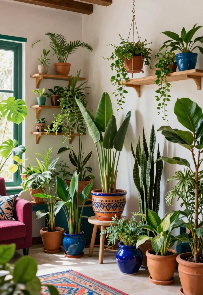 18 Morocco Living Room Ideas Rich Texture and Pattern - 10. Indoor Plants for Life and Color 1