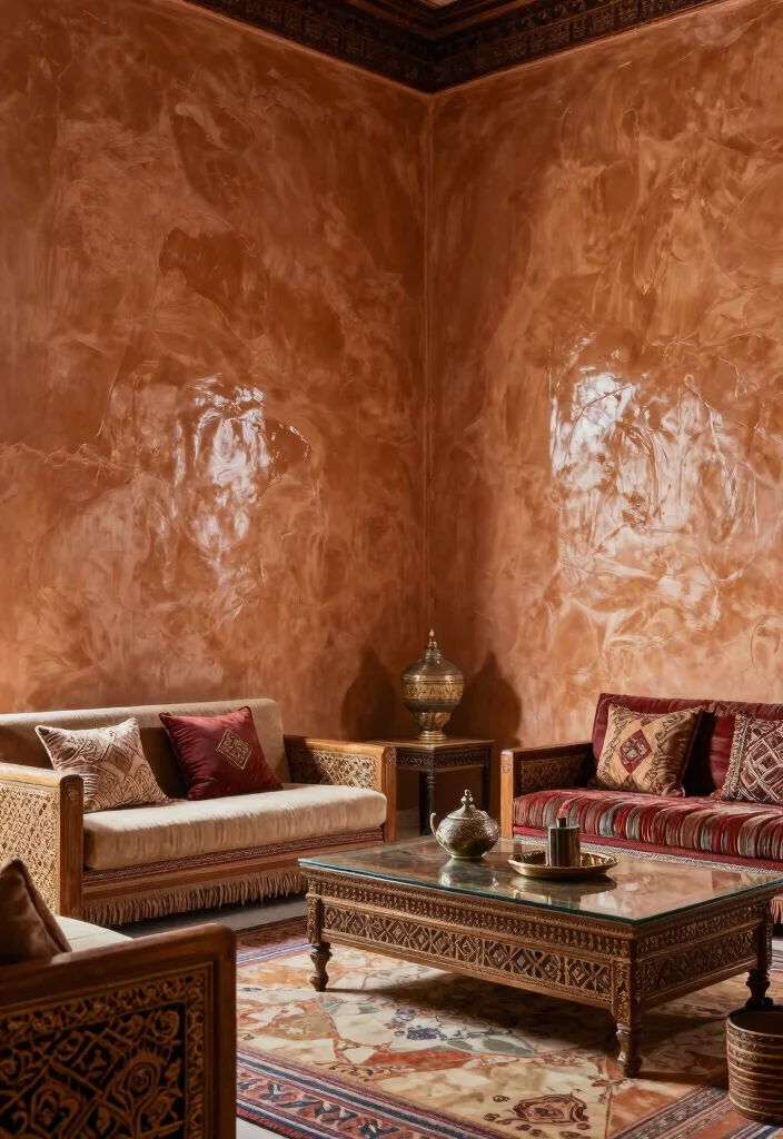 18 Morocco Living Room Ideas Rich Texture and Pattern - 11. Textured Walls with Tadelakt Finish 1
