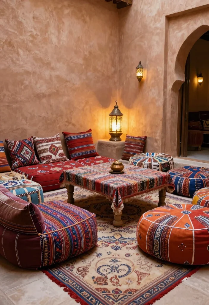 18 Morocco Living Room Ideas Rich Texture and Pattern - 13. Utilize Low Seating Arrangements 1