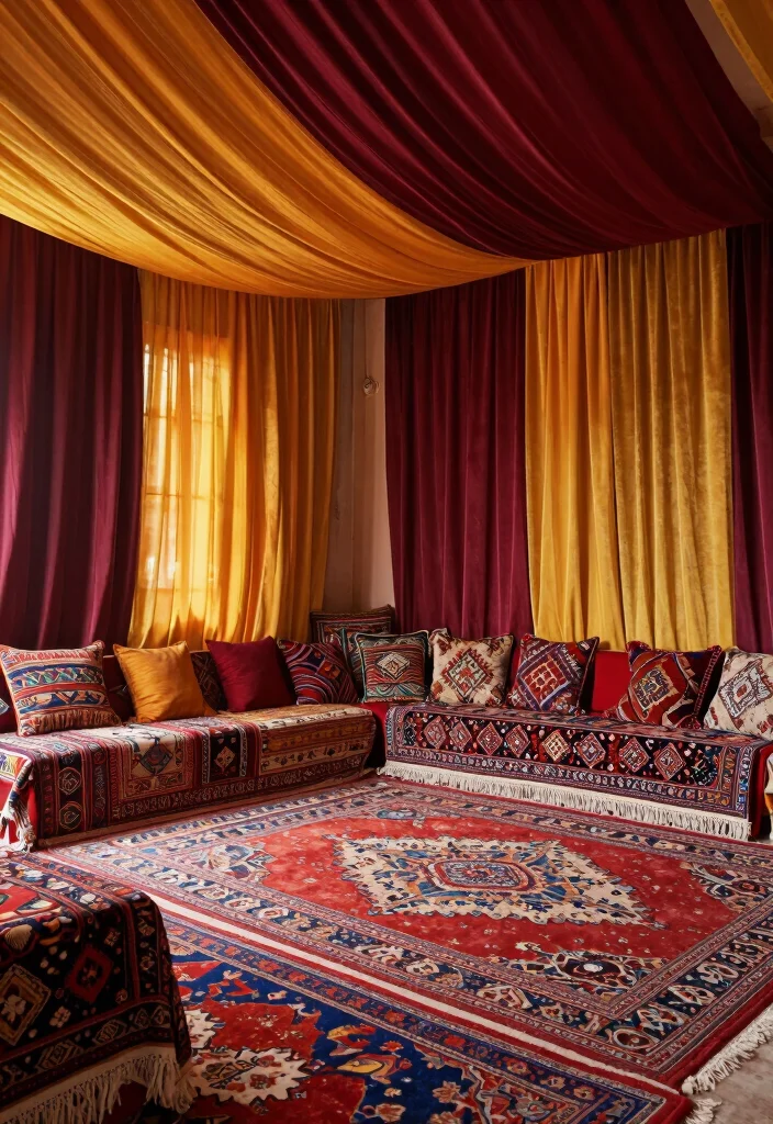 18 Morocco Living Room Ideas Rich Texture and Pattern - 16. Drape Luxurious Fabrics 1