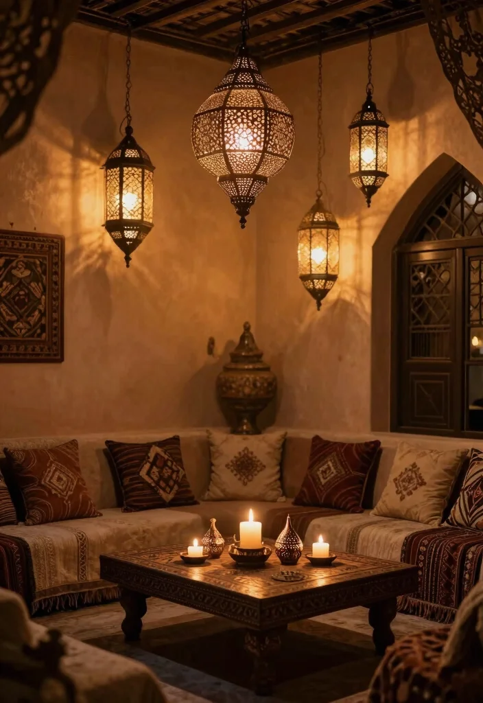 18 Morocco Living Room Ideas Rich Texture and Pattern - 4. Moroccan Lanterns for Ambient Lighting 1