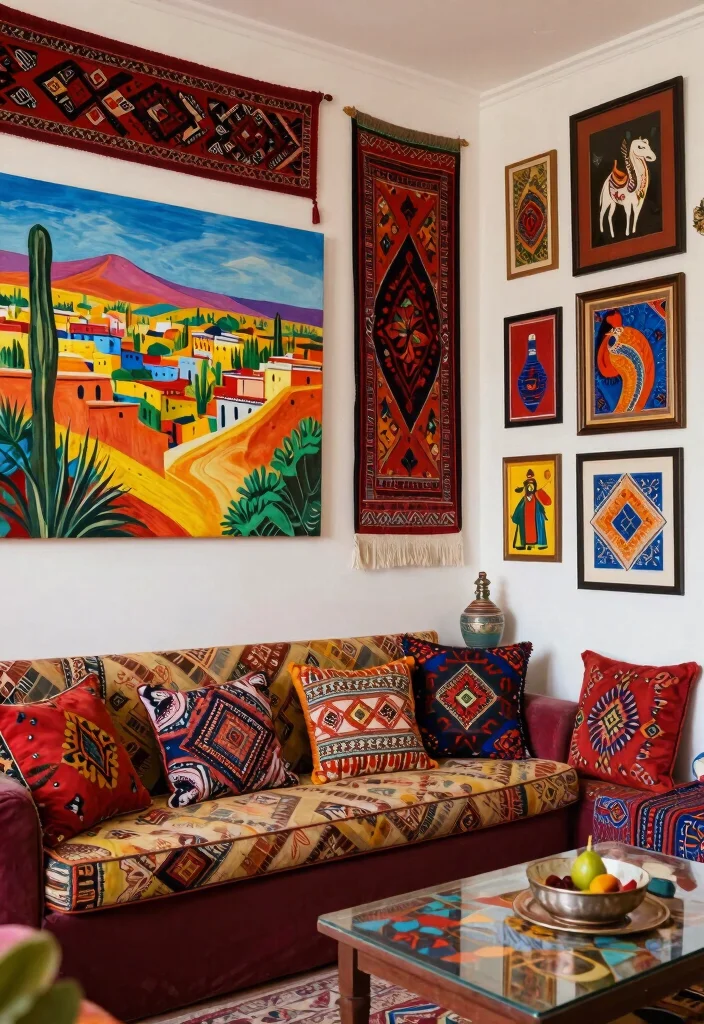 18 Morocco Living Room Ideas Rich Texture and Pattern - 8. Adventurous Wall Art 1