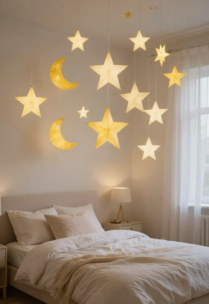 18 Wall Hanging DIY Paper for Bedroom Ideas: Creative Budget Craft - 9. Paper Stars and Moon Decor 1