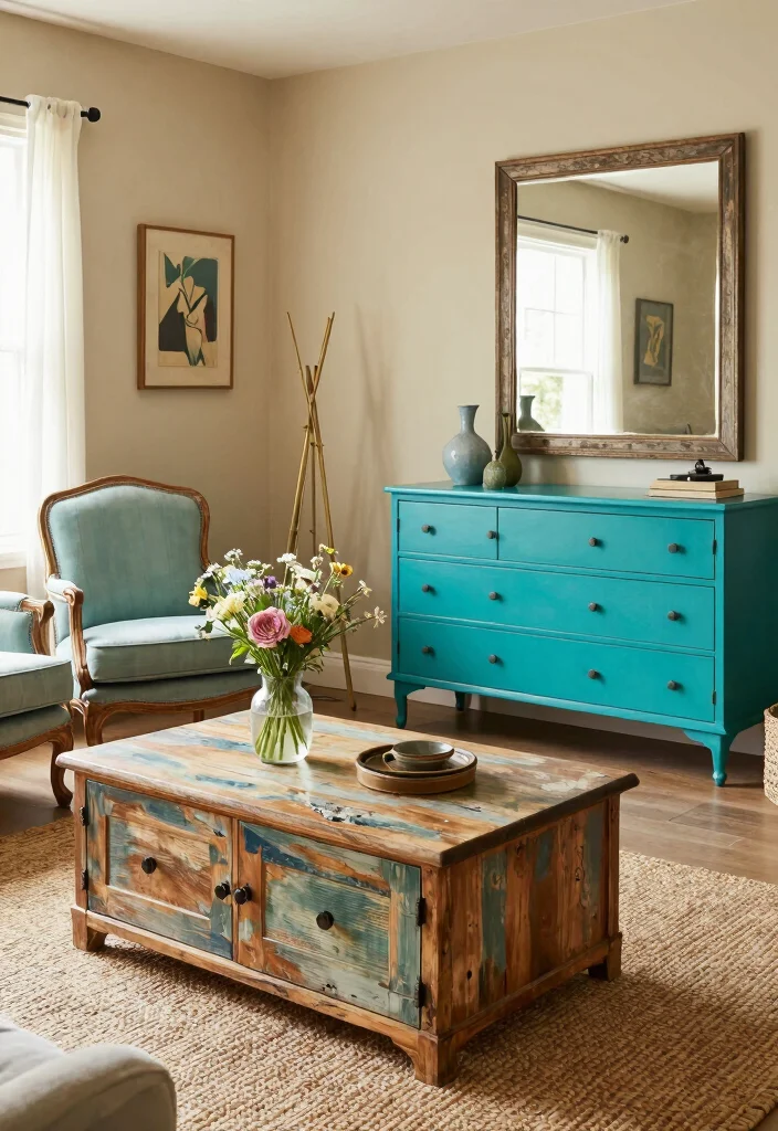 19 Unique Living Room Ideas That Stand Out Instantly - 1. Upcycled Furniture Revival 1