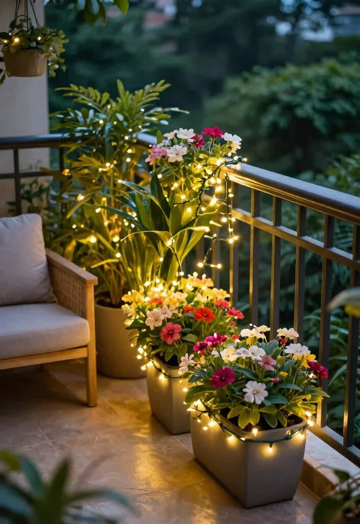 12 Balcony Fairy Light Ideas for Renters Who Can't Drill Holes - 6. Twinkle Lights in Planters 1