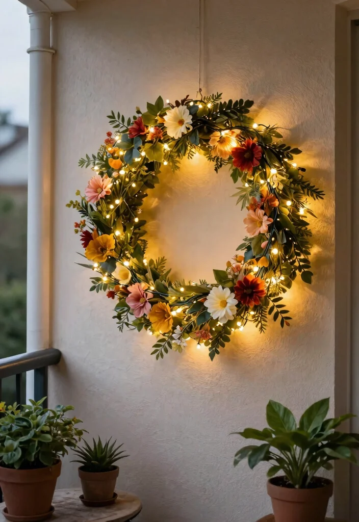 12 Balcony Fairy Light Ideas for Renters Who Can't Drill Holes - 9. Fairy Light Wreaths 1