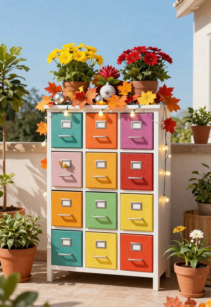 12 Filing Cabinet Planter Ideas That Hide Old Office Furniture - 10. Seasonal Decor Planter 1